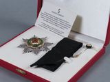 a red box with a silver and gold brooch on it