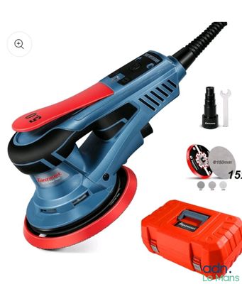 a close up of an electric sander with tools on a white background