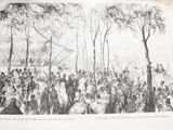 an old picture of a large group of people in the woods