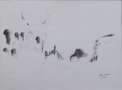 dessin représentant un homme et un chien en noir et blanc