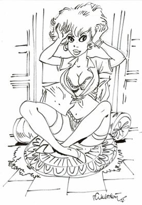un dessin en noir et blanc représentant une femme assise sur un tapis