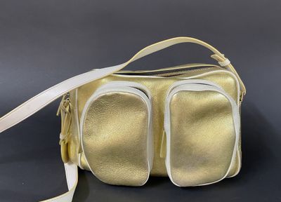 an image of a gold purse with two compartments on a black surface
