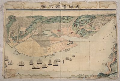an old map of a city with ships in the water