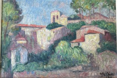 une peinture à l'huile représentant un village situé sur une colline, avec des arbres au premier plan