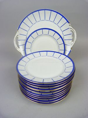 six blue and white plates stacked on top of each other