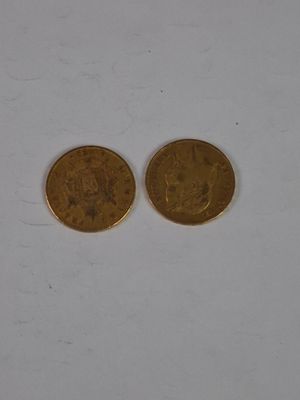 two gold coins sitting side by side on a white surface