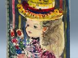 un tableau représentant une femme coiffée d'un chapeau et tenant un bouquet