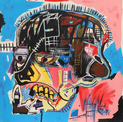 an image of a painting of a man ' s head on a blue background