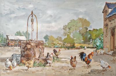un tableau représentant des poules et des coqs dans un décor champêtre