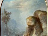 an oil painting of a man standing on a cliff by a river