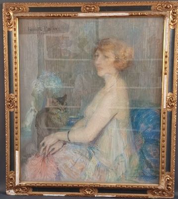 tableau représentant une femme en robe bleue, assise sur un canapé bleu