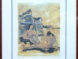 painting of a group of people sitting on a beach next to a body of water