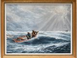an oil painting of two people in a small boat in a large body of water