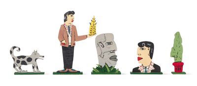 three figurines of a man and a dog and a man with a dog