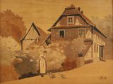un tableau représentant une femme debout devant une maison