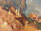 an oil painting of a landscape with mountains and trees in the background
