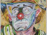 a painting of a clown with a hat and glasses on