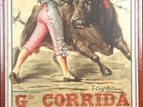 painting of a bullfight scene with a bull and a woman in a pink dress