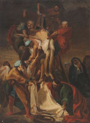 un tableau représentant un groupe de personnes rassemblées autour d'un individu crucifié