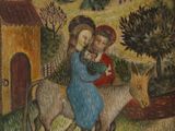 an image of a painting of a woman and a child on a donkey