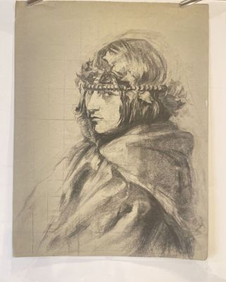 drawing of a woman with a crown on her head and a scarf around her neck