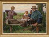 un tableau représentant une famille assise sur un banc