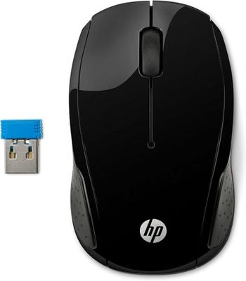 a black mouse with a blue button next to it