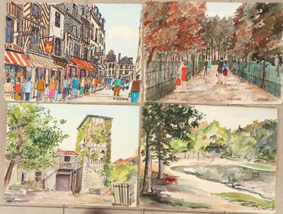 quatre tableaux représentant une scène de rue avec des passants marchant dans la rue