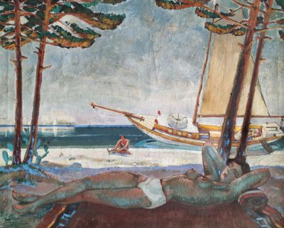 un tableau représentant un homme allongé sur une plage, avec un voilier en arrière-plan