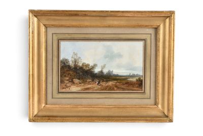 a painting of a landscape with trees and a river in the distance