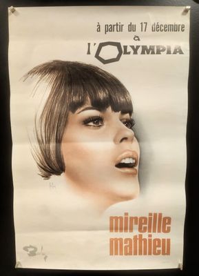 poster of a woman with short brown hair and bangs on a black background