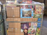 a metal cart with magazines on it in a warehouse