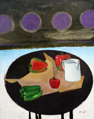 un tableau représentant une table sur laquelle sont posés des légumes et un pichet