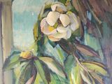an oil painting of a white flower in a vase on a window sill