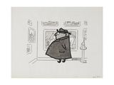 a drawing of a man in a suit and tie standing in front of a door