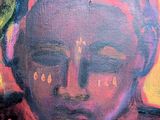 a painting of a woman with a bird on her head