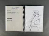an open sketch book with a drawing of a man in a jacket