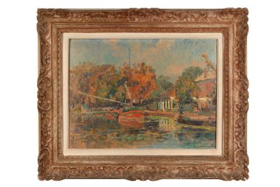 une image d'une peinture représentant un bateau sur une rivière