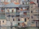 a painting of a boat in the water near a city