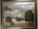 an oil painting of a landscape with trees in the foreground