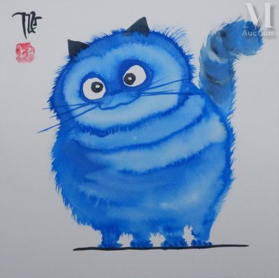 tableau représentant un chat bleu qui lève la patte en l'air