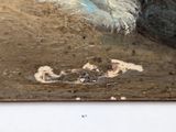a picture of a painting of a dog on the beach