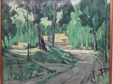 un tableau représentant une route de campagne avec une maison au loin