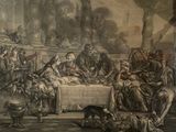 a drawing of a group of people sitting around a table