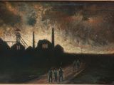 an oil painting of a factory with people walking in the foreground