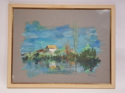 a picture of a painting of a house by the water