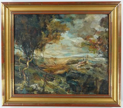 une peinture à l'huile représentant un paysage avec des arbres et un bateau au loin