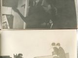 two black and white photos of a man and a woman in a living room