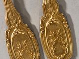 two gold spoons that are sitting on a table
