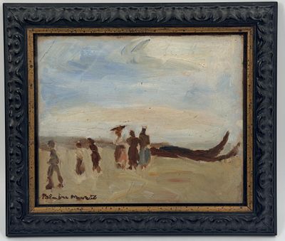 une peinture à l'huile représentant des personnes marchant sur une plage, avec un bateau en arrière-plan